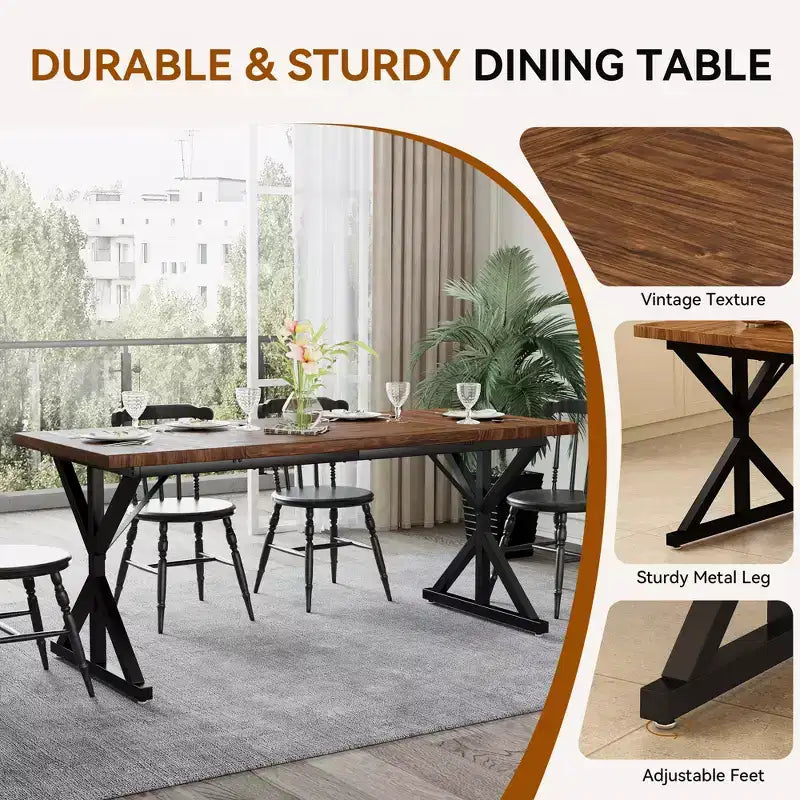Tavolo da pranzo in stile rustico per 6 persone, Nero/Rovere/Noce, 180 cm, rettangolare in legno con gambe in metallo