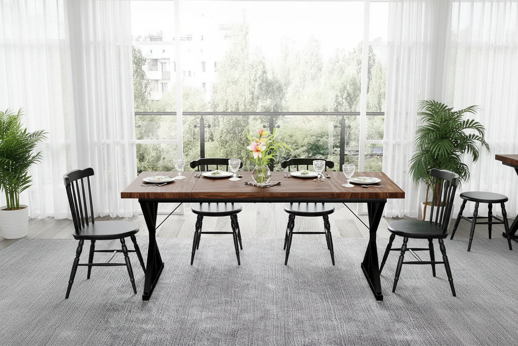 Tavolo da pranzo in stile rustico per 6 persone, Nero/Rovere/Noce, 180 cm, rettangolare in legno con gambe in metallo
