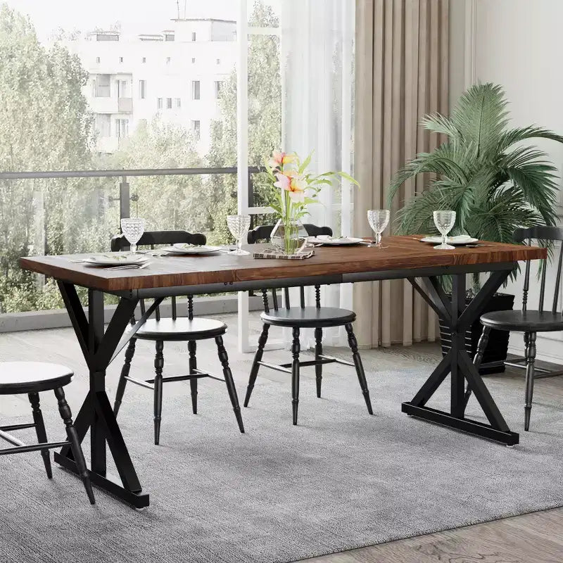 Tavolo da pranzo in stile rustico per 6 persone, Nero/Rovere/Noce, 180 cm, rettangolare in legno con gambe in metallo