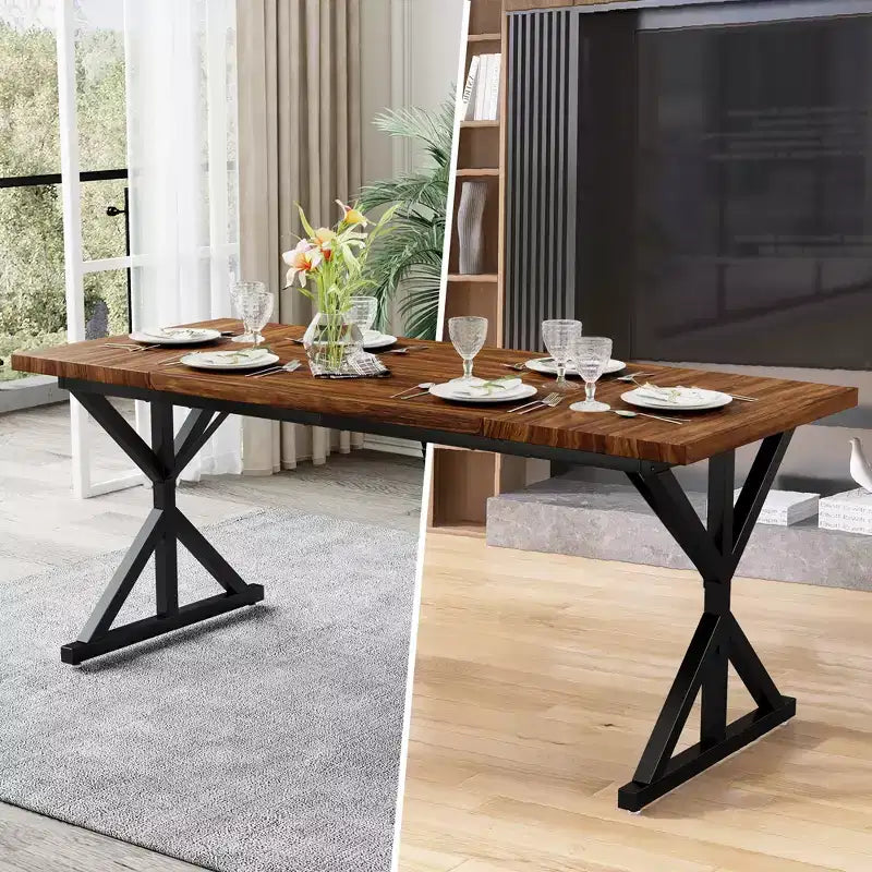 Tavolo da pranzo in stile rustico per 6 persone, Nero/Rovere/Noce, 180 cm, rettangolare in legno con gambe in metallo
