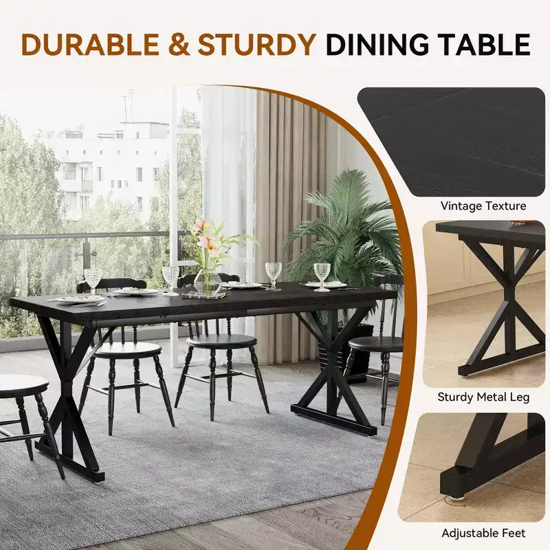 Tavolo da pranzo in stile rustico per 6 persone, Nero/Rovere/Noce, 180 cm, rettangolare in legno con gambe in metallo