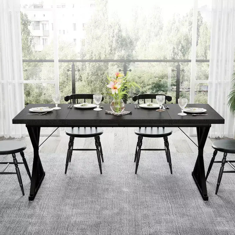 Tavolo da pranzo in stile rustico per 6 persone, Nero/Rovere/Noce, 180 cm, rettangolare in legno con gambe in metallo