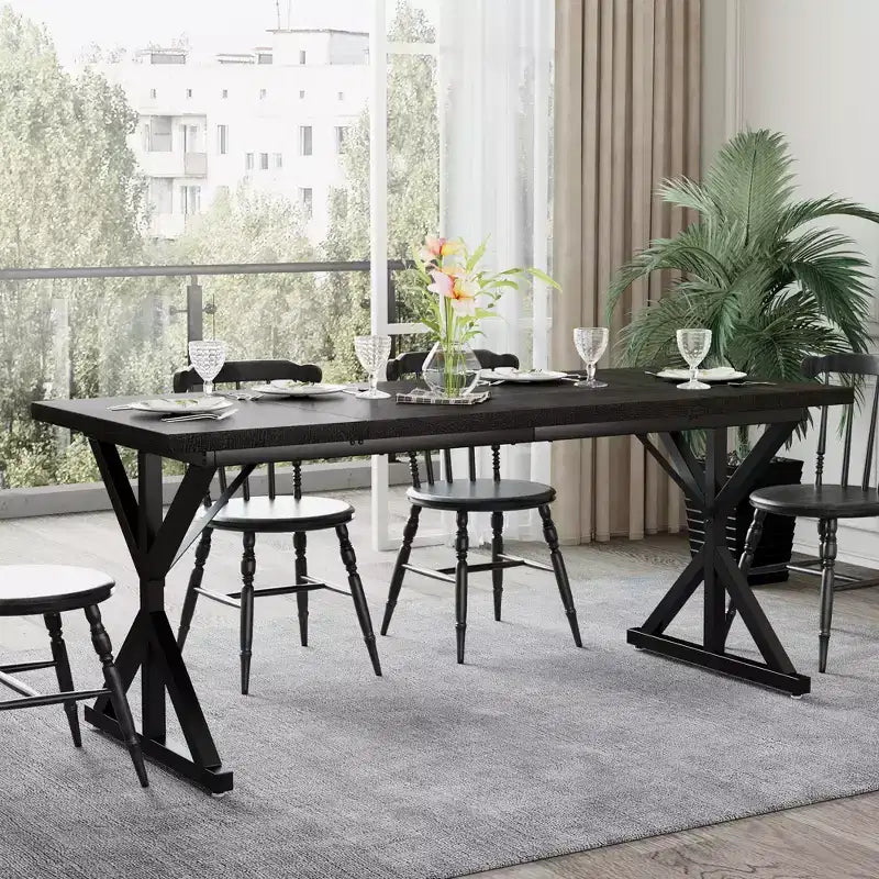 Tavolo da pranzo in stile rustico per 6 persone, Nero/Rovere/Noce, 180 cm, rettangolare in legno con gambe in metallo
