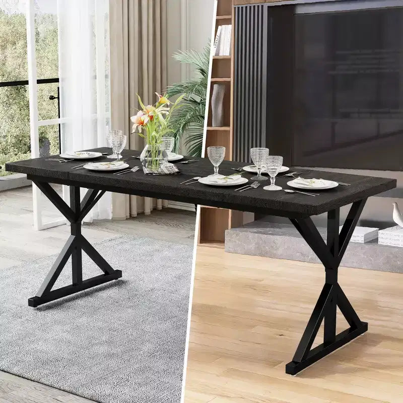 Tavolo da pranzo in stile rustico per 6 persone, Nero/Rovere/Noce, 180 cm, rettangolare in legno con gambe in metallo