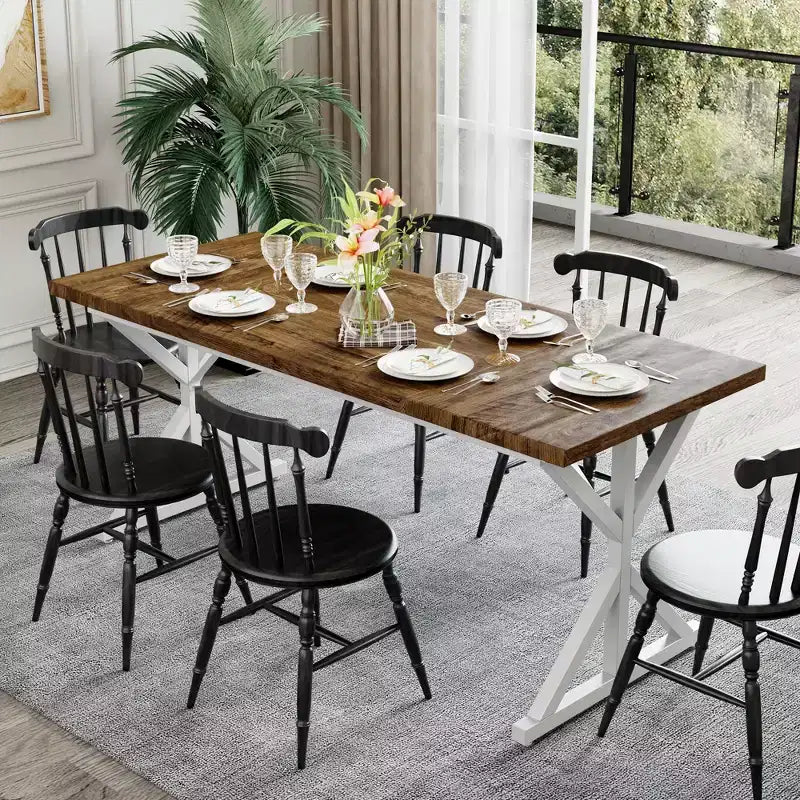 Tavolo da pranzo in stile rustico per 6 persone, Nero/Rovere/Noce, 180 cm, rettangolare in legno con gambe in metallo
