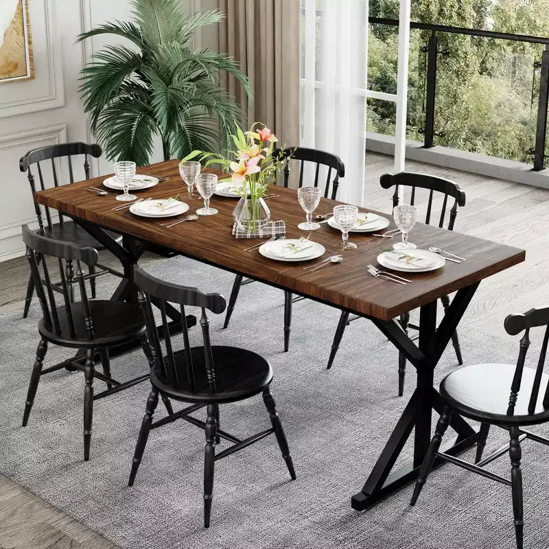 Tavolo da pranzo in stile rustico per 6 persone, Nero/Rovere/Noce, 180 cm, rettangolare in legno con gambe in metallo