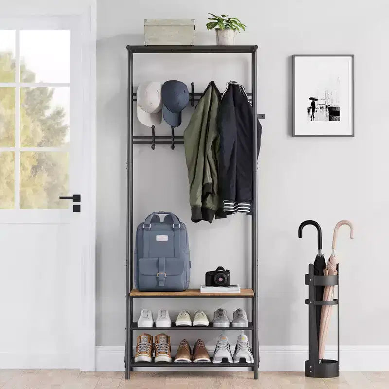 Albero da ingresso 4 in 1 nero/marrone/grigio con scarpiera, appendiabiti e 10 ganci, telaio in metallo