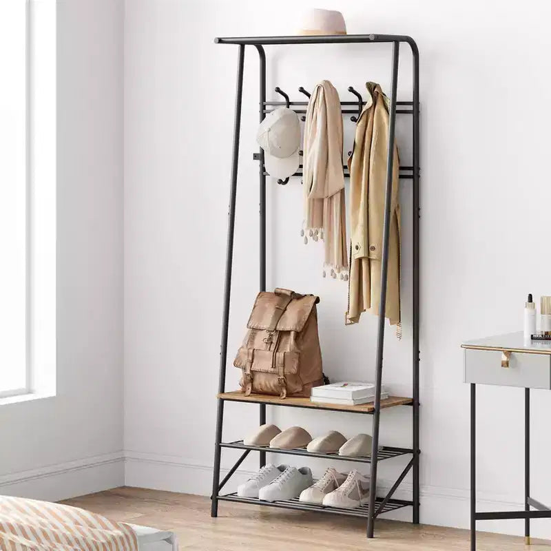 Albero da ingresso 4 in 1 nero/marrone/grigio con scarpiera, appendiabiti e 10 ganci, telaio in metallo