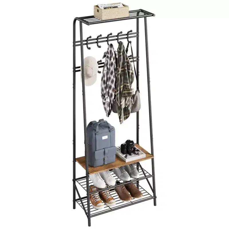 Albero da ingresso 4 in 1 nero/marrone/grigio con scarpiera, appendiabiti e 10 ganci, telaio in metallo