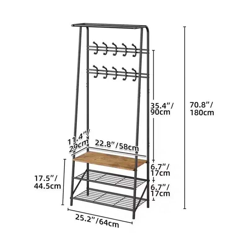 Albero da ingresso 4 in 1 nero/marrone/grigio con scarpiera, appendiabiti e 10 ganci, telaio in metallo