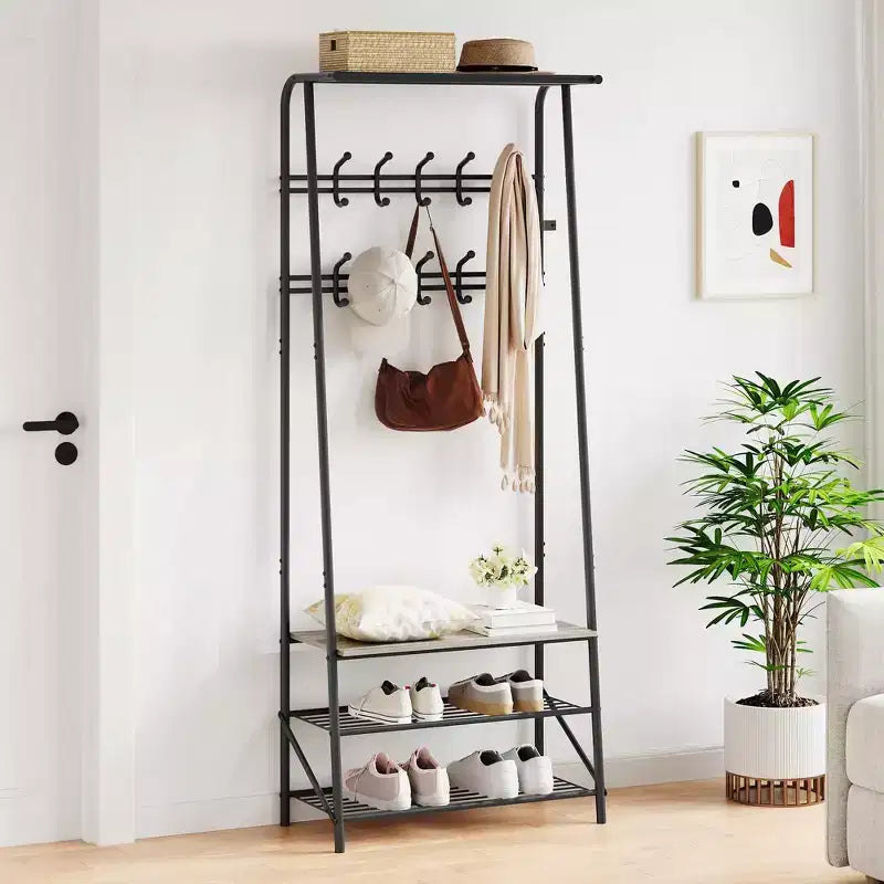 Albero da ingresso 4 in 1 nero/marrone/grigio con scarpiera, appendiabiti e 10 ganci, telaio in metallo