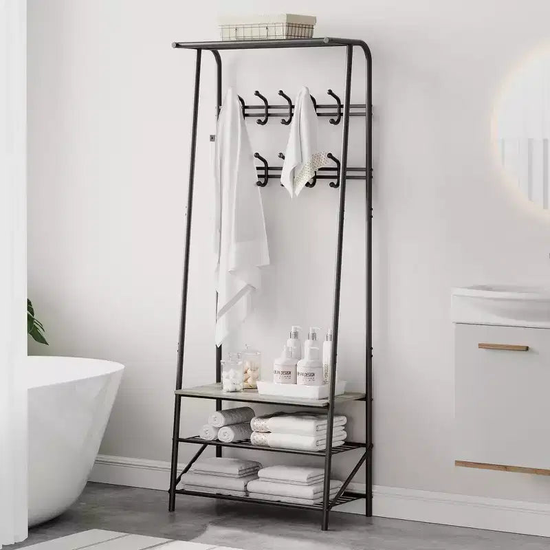 Albero da ingresso 4 in 1 nero/marrone/grigio con scarpiera, appendiabiti e 10 ganci, telaio in metallo