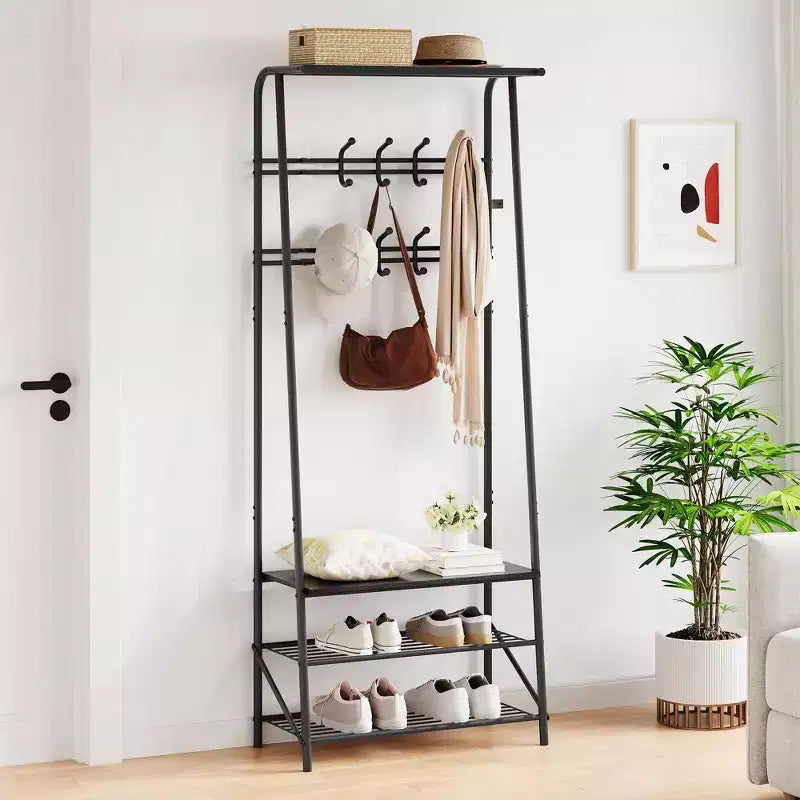Albero da ingresso 4 in 1 nero/marrone/grigio con scarpiera, appendiabiti e 10 ganci, telaio in metallo