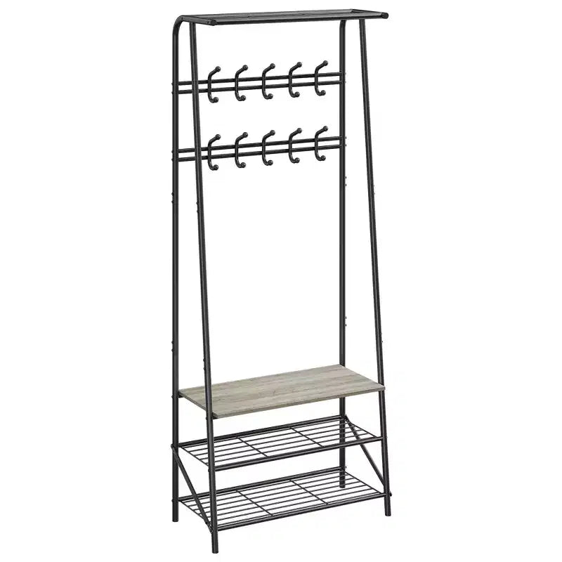 Albero da ingresso 4 in 1 nero/marrone/grigio con scarpiera, appendiabiti e 10 ganci, telaio in metallo