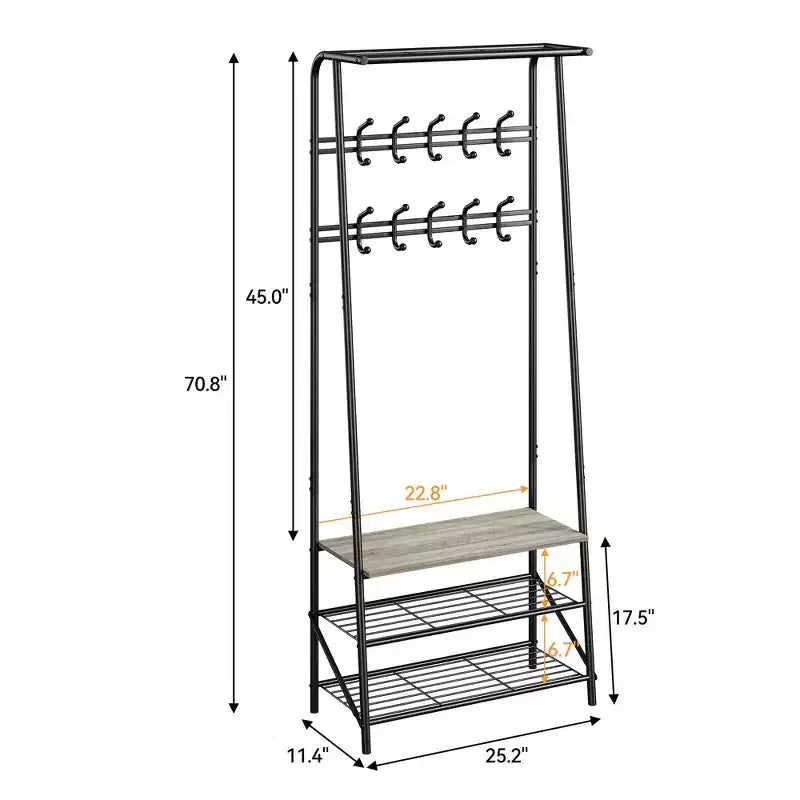 Albero da ingresso 4 in 1 nero/marrone/grigio con scarpiera, appendiabiti e 10 ganci, telaio in metallo
