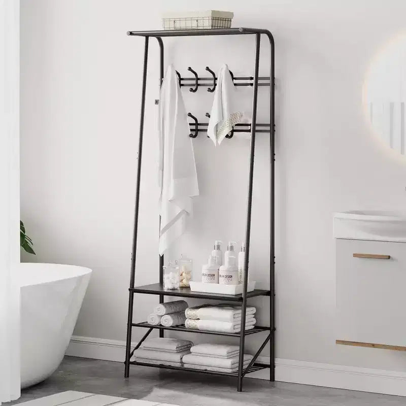 Albero da ingresso 4 in 1 nero/marrone/grigio con scarpiera, appendiabiti e 10 ganci, telaio in metallo