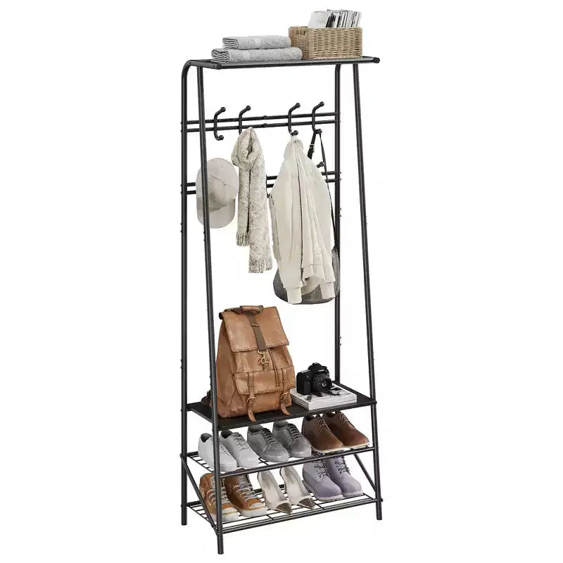 Albero da ingresso 4 in 1 nero/marrone/grigio con scarpiera, appendiabiti e 10 ganci, telaio in metallo