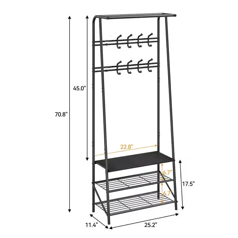 Albero da ingresso 4 in 1 nero/marrone/grigio con scarpiera, appendiabiti e 10 ganci, telaio in metallo