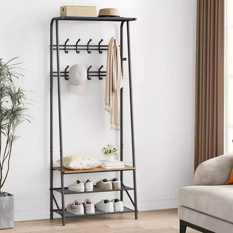 Albero da ingresso 4 in 1 nero/marrone/grigio con scarpiera, appendiabiti e 10 ganci, telaio in metallo