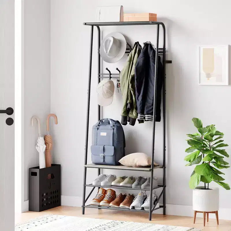 Albero da ingresso 4 in 1 nero/marrone/grigio con scarpiera, appendiabiti e 10 ganci, telaio in metallo