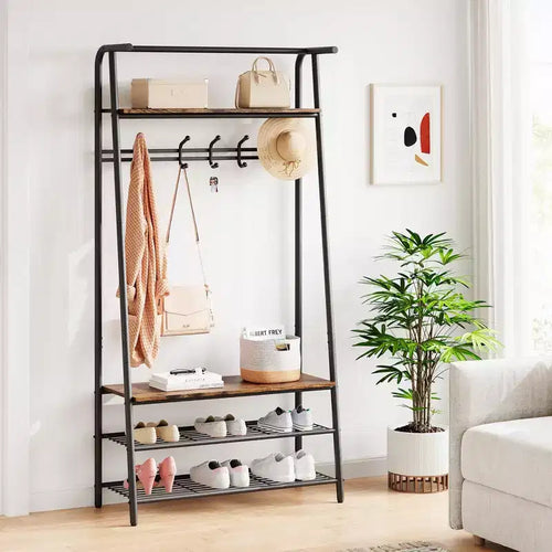 Coat Rack Shoe Bench with 5 Hooks, Entryway Hall Trees with Storage, Multifunctional 4-in-1 Hall Trees Shoe Bench
