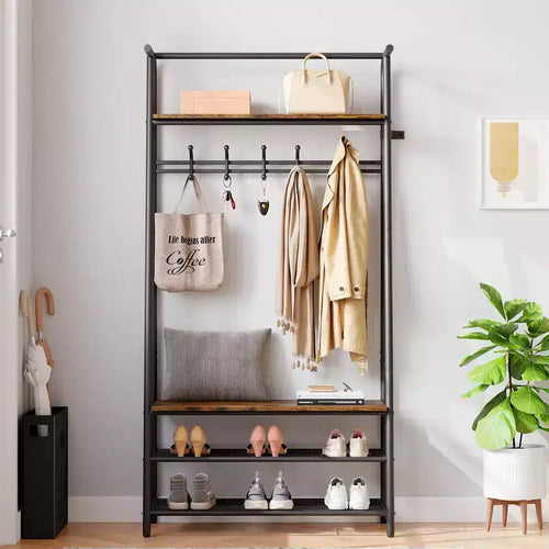 Albero da ingresso 4-in-1 nero con panca, ganci e scarpiera, 1 persona