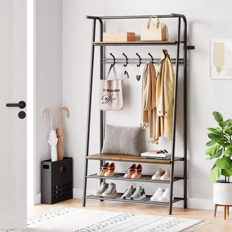 Albero da ingresso 4-in-1 nero con panca, ganci e scarpiera, 1 persona