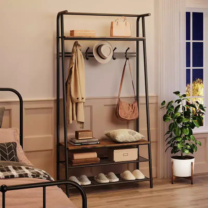 Albero da ingresso 4-in-1 nero con panca, ganci e scarpiera, 1 persona