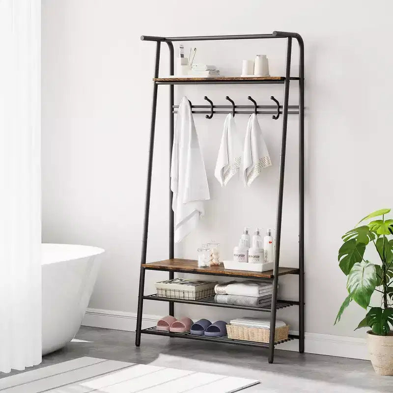 Albero da ingresso 4-in-1 nero con panca, ganci e scarpiera, 1 persona