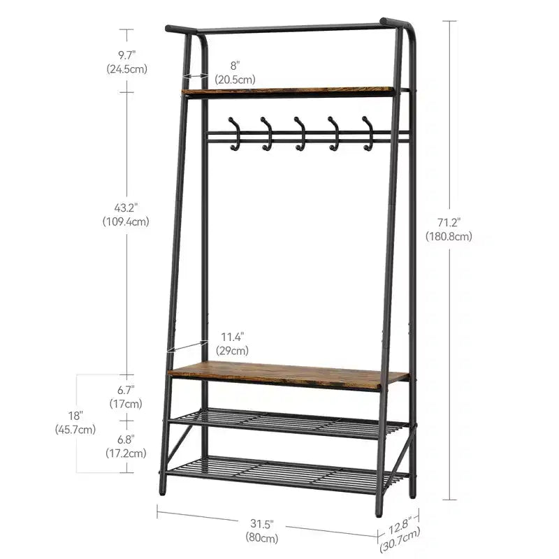 Albero da ingresso 4-in-1 nero con panca, ganci e scarpiera, 1 persona