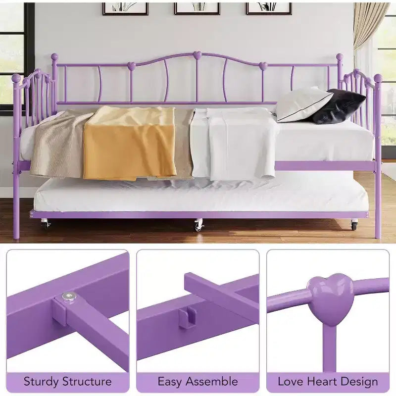 Divano letto gemello viola con letto estraibile, stile a cuore, per 2 persone