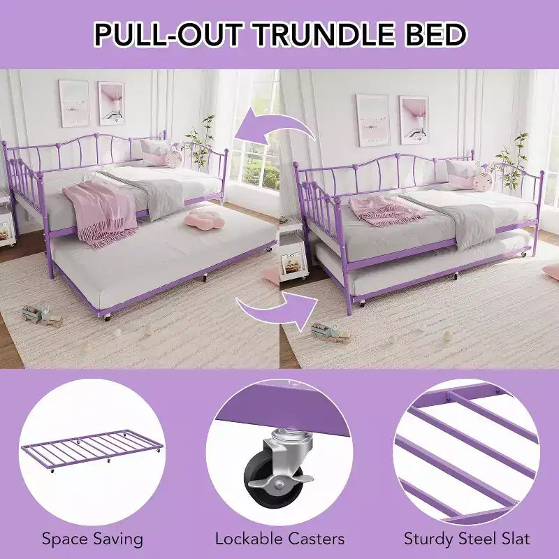 Divano letto gemello viola con letto estraibile, stile a cuore, per 2 persone