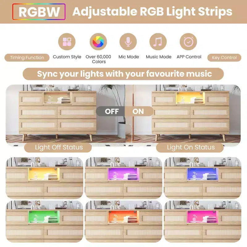 Comò in Rattan a 6 Cassetti Nero/Naturale con Luce LED e Stazione di Ricarica