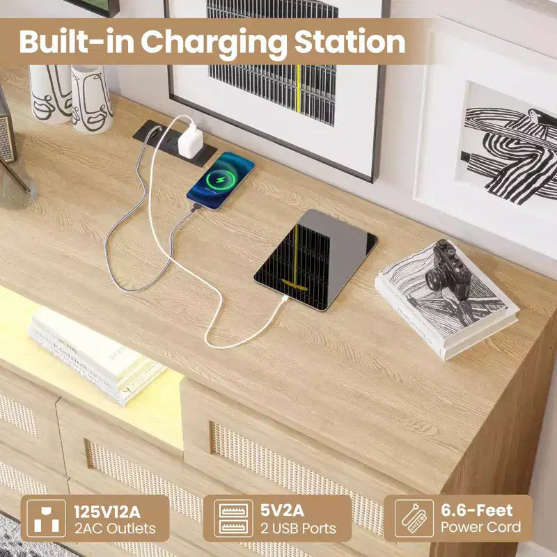 Comò in Rattan a 6 Cassetti Nero/Naturale con Luce LED e Stazione di Ricarica