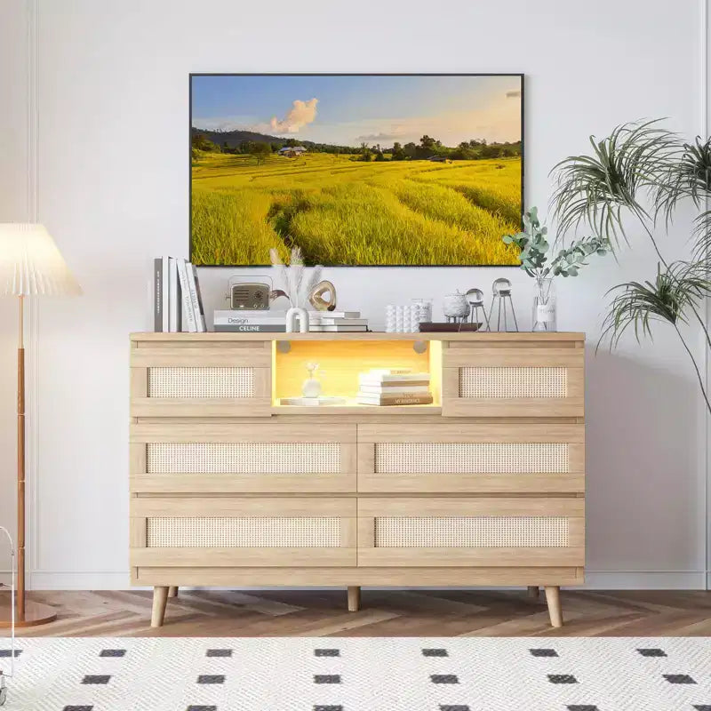 Comò in Rattan a 6 Cassetti Nero/Naturale con Luce LED e Stazione di Ricarica