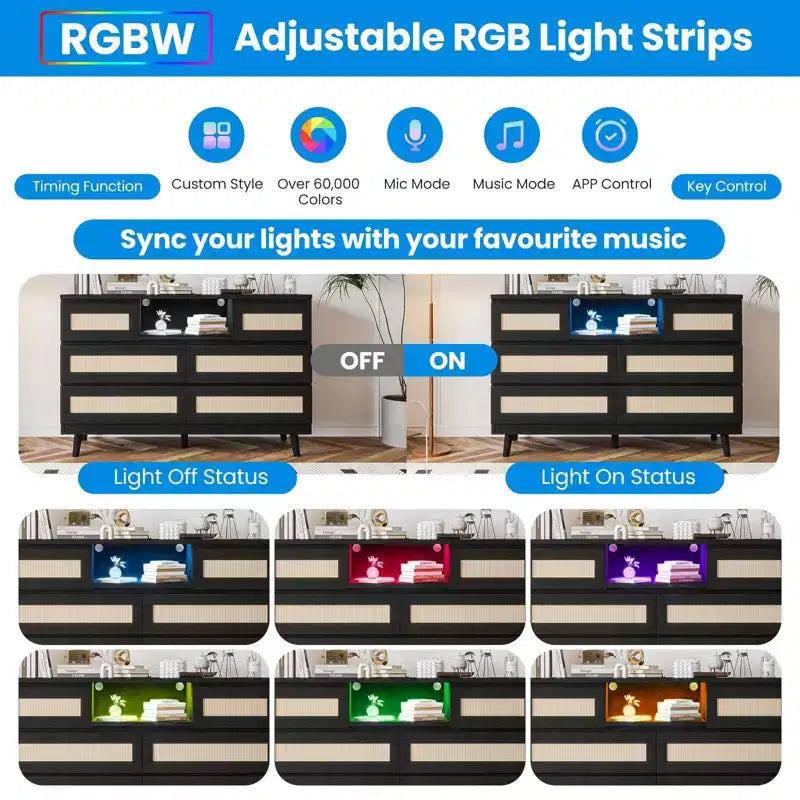Comò in Rattan a 6 Cassetti Nero/Naturale con Luce LED e Stazione di Ricarica