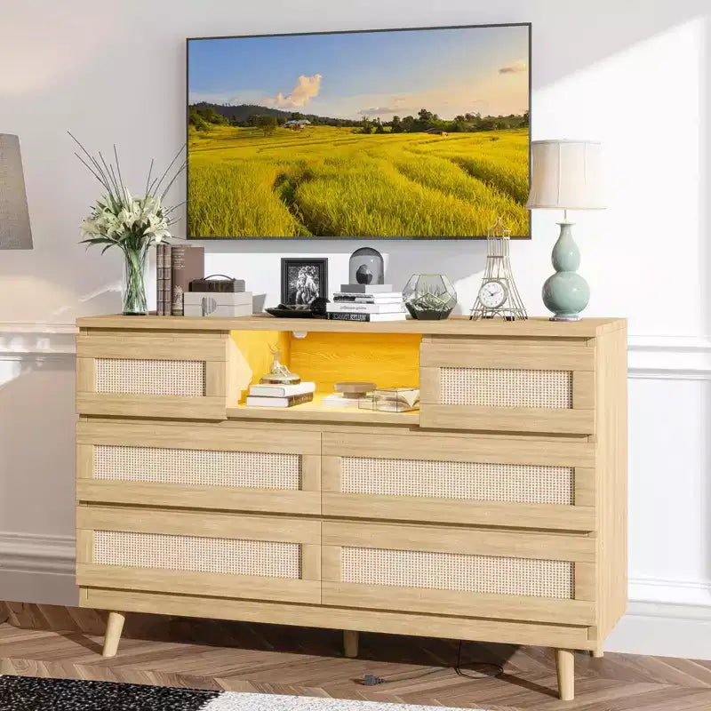 Comò in Rattan a 6 Cassetti Nero/Naturale con Luce LED e Stazione di Ricarica