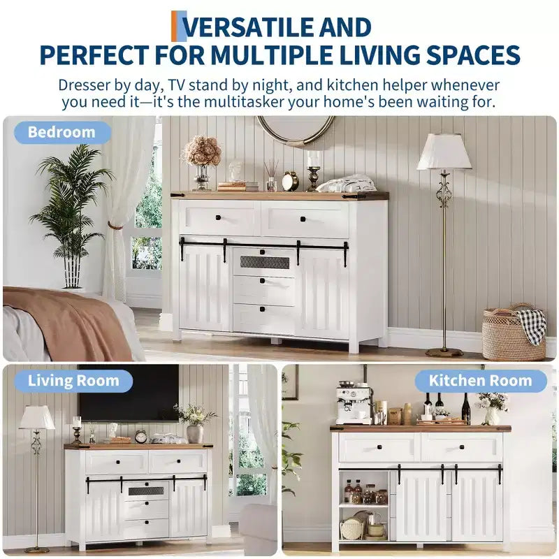 Credenza bianca da masseria con ante scorrevoli a fienile e 5 cassetti