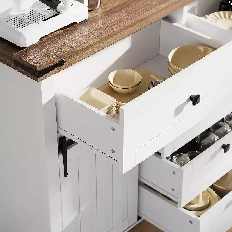 Credenza bianca da masseria con ante scorrevoli a fienile e 5 cassetti