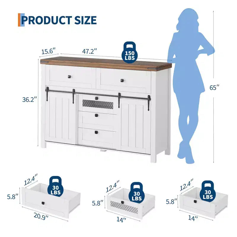 Credenza bianca da masseria con ante scorrevoli a fienile e 5 cassetti