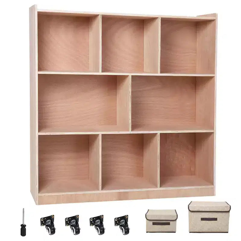 Mobiletto portaoggetti a 8 cubi in legno naturale con rotelle, multiutente