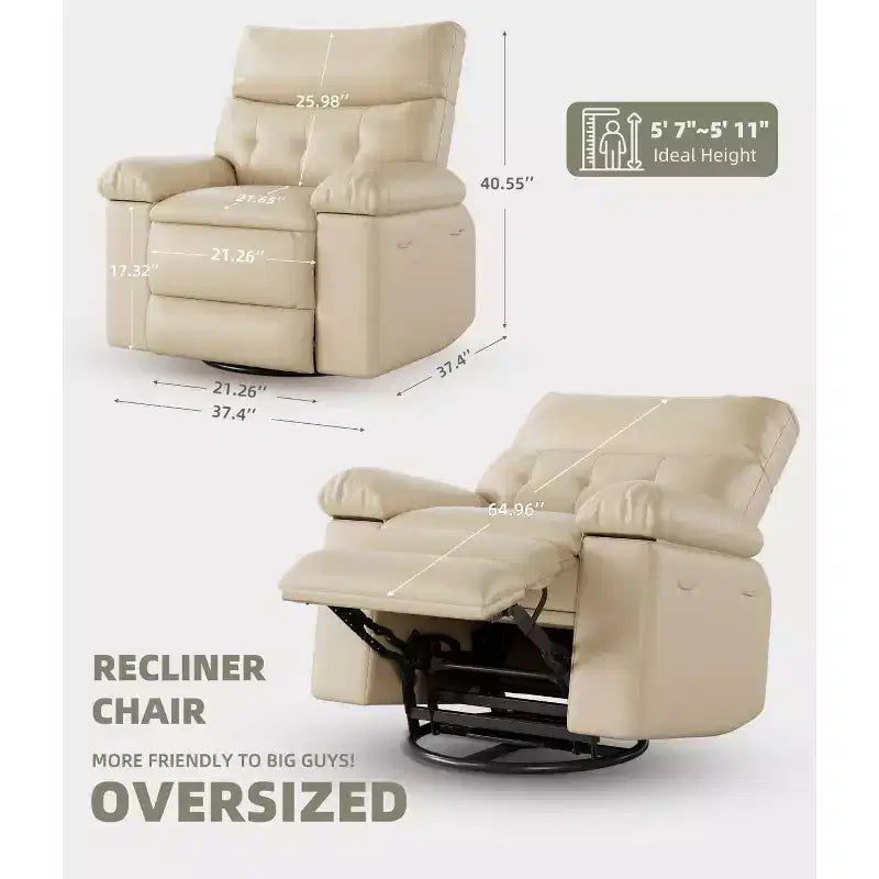 Poltrona reclinabile girevole a dondolo in similpelle PU beige con riscaldamento e massaggio, monoposto