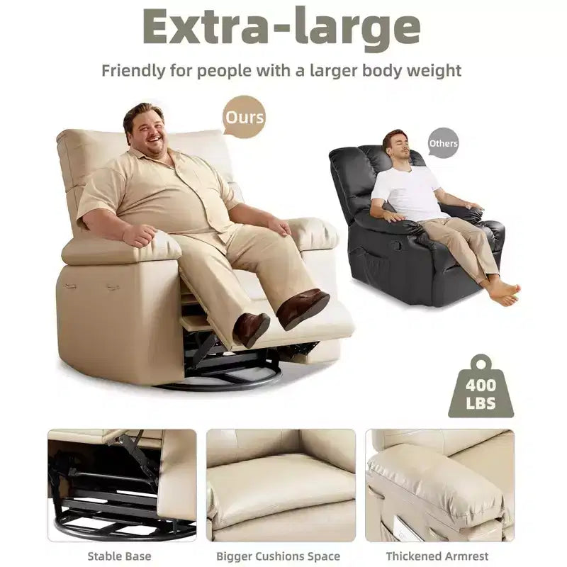 Poltrona reclinabile girevole a dondolo in similpelle PU beige con riscaldamento e massaggio, monoposto