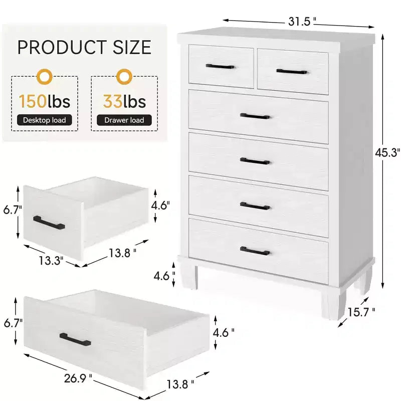 Cassettiera a 6 cassetti grigio/bianco, mobile contenitore per camera da letto singola
