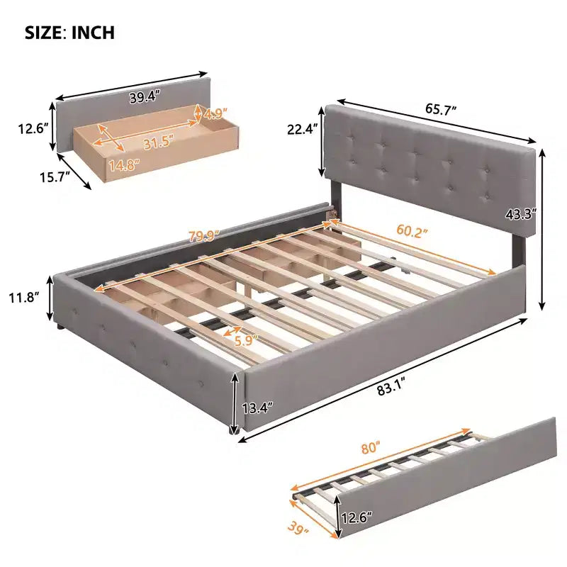 Letto a piattaforma imbottito in lino Beige/Grigio con 2 cassetti e letto estraibile Twin XL, Queen, 2 posti letto