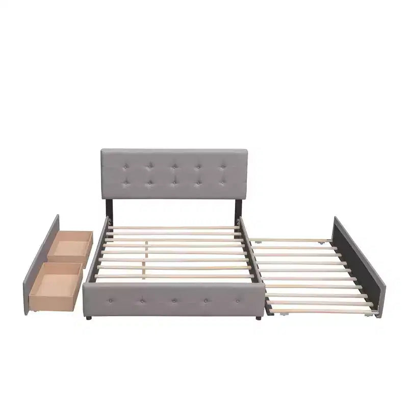 Letto a piattaforma imbottito in lino Beige/Grigio con 2 cassetti e letto estraibile Twin XL, Queen, 2 posti letto