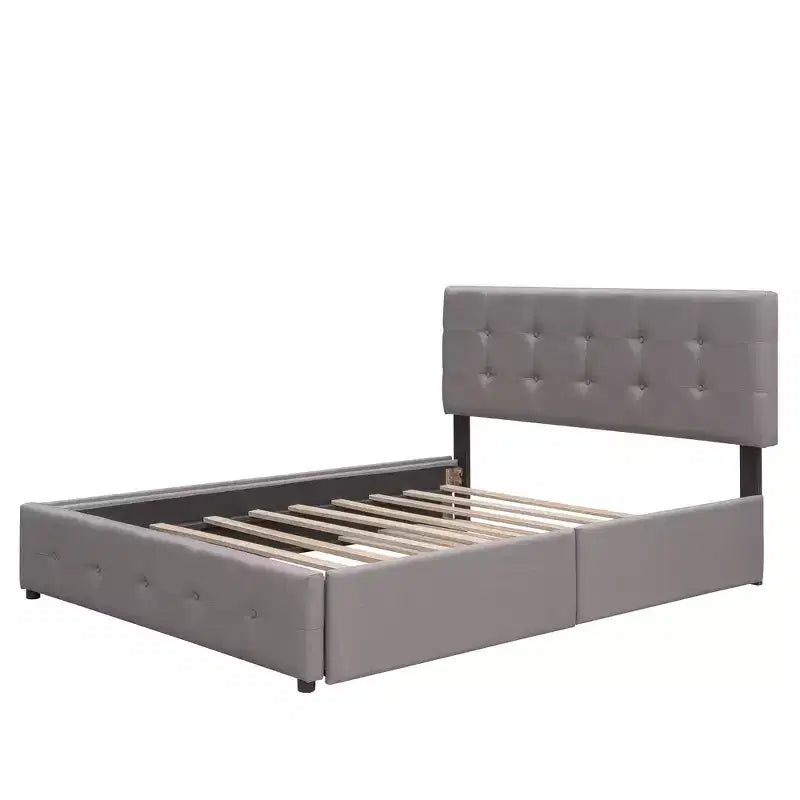 Letto a piattaforma imbottito in lino Beige/Grigio con 2 cassetti e letto estraibile Twin XL, Queen, 2 posti letto