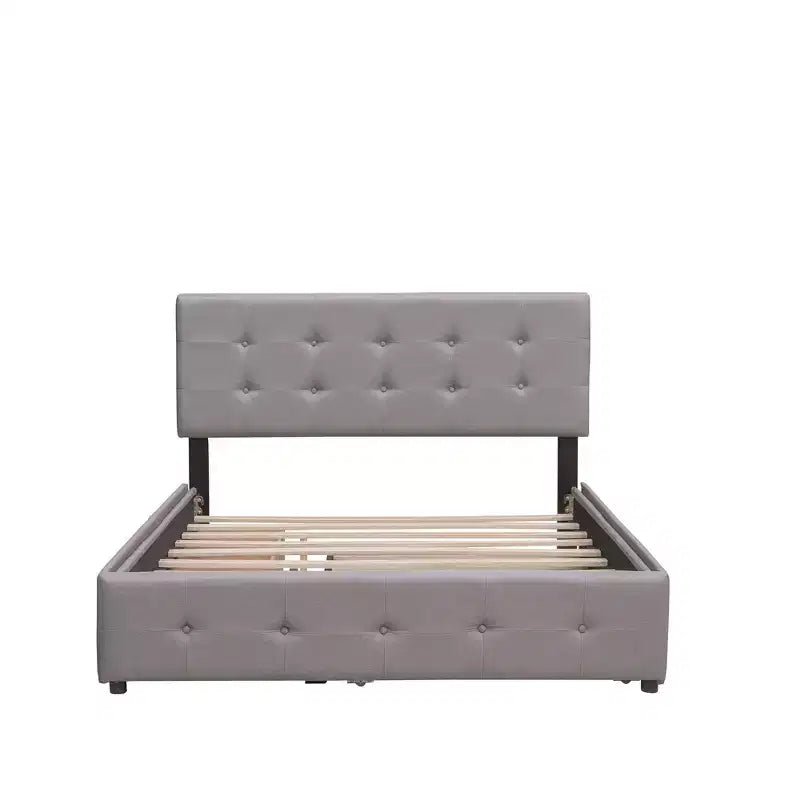 Letto a piattaforma imbottito in lino Beige/Grigio con 2 cassetti e letto estraibile Twin XL, Queen, 2 posti letto