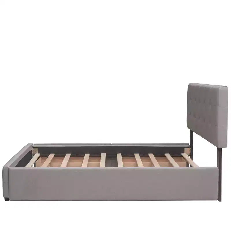 Letto a piattaforma imbottito in lino Beige/Grigio con 2 cassetti e letto estraibile Twin XL, Queen, 2 posti letto