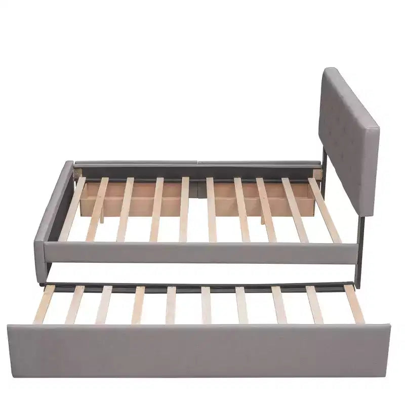 Letto a piattaforma imbottito in lino Beige/Grigio con 2 cassetti e letto estraibile Twin XL, Queen, 2 posti letto